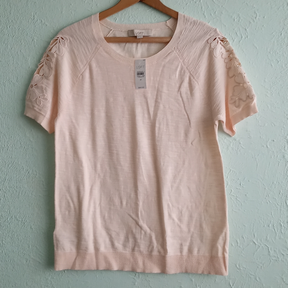 NWT Ann Taylor Loft Top Pink Knit Lace Cutout Short Sleeves S